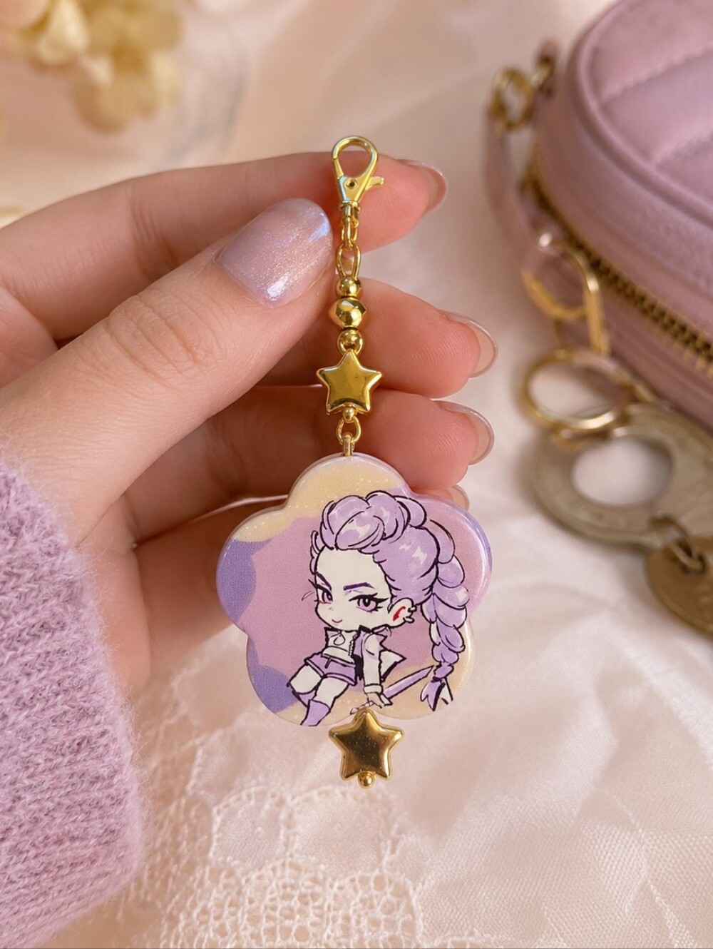 Purple Demon Hunter Rumi Bag Charm Gold Star Zipper Pull